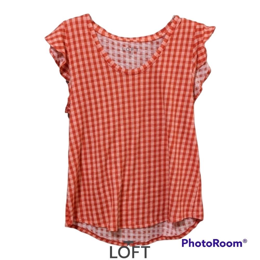 LOFT Checkered Top with Flutter Sleeves NWT